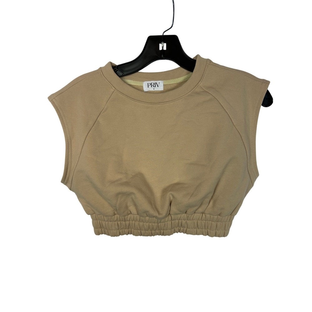 PRIV Tan Cropped Fleece Sweatshirt Vest Cap Sleeve Elastic Hem Neutral Size M